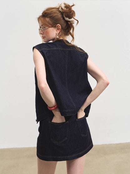 Layered Relaxed Denim Vest &amp; Skirt Set