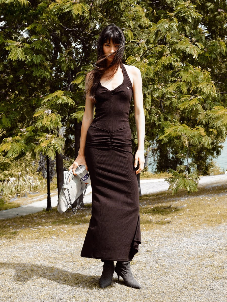 Halter V-Waist Pleated U-Neck Dress - CHINASQUAD