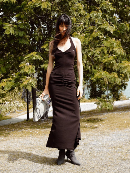 Halter V-Waist Pleated U-Neck Dress - CHINASQUAD