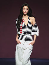 Contrast Stripe Halter Camisole Tank Top & Cardigan Set - CHINASQUAD