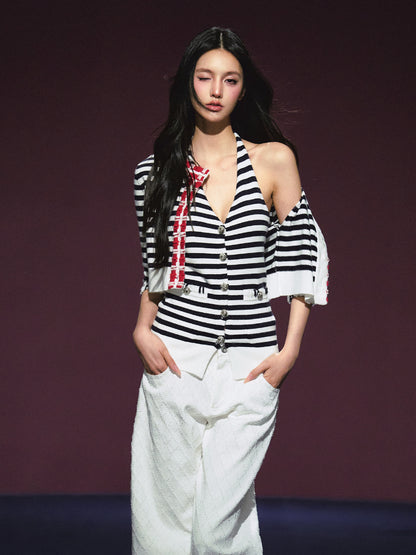 Contrast Stripe Halter Camisole Tank Top &amp; Cardigan Set - CHINASQUAD