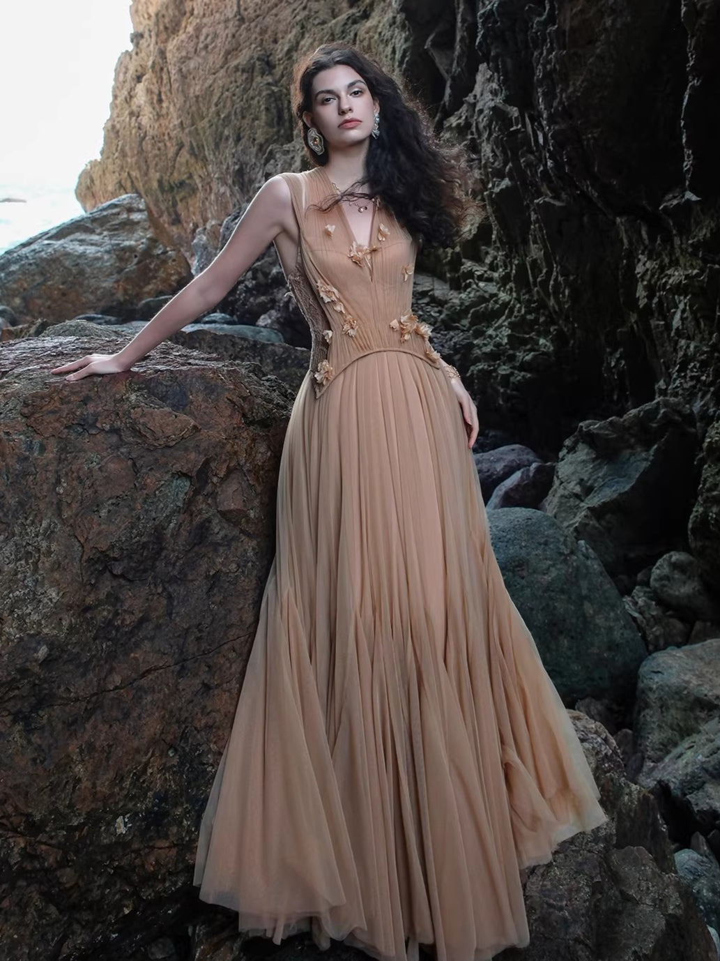 Heavy Lace Halter Corset Mesh Maxi Dress