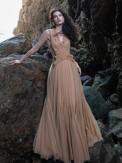 Heavy Lace Halter Corset Mesh Maxi Dress