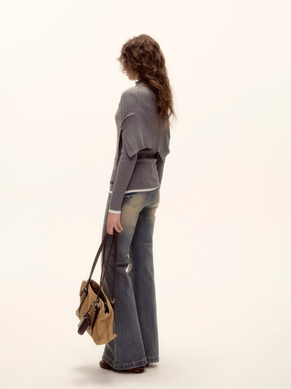 Textured Washed Flared Stretch Denim Pants