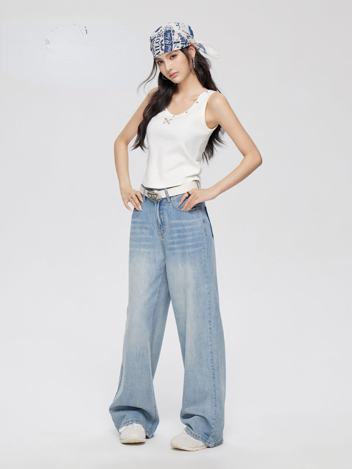 Blue Lyocell Tencel Jeans Wide-Leg Pants