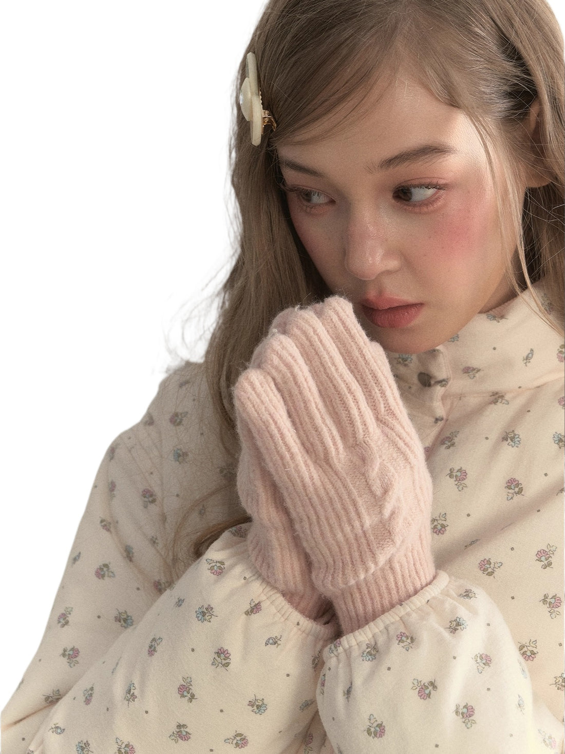 “A Girl’s Prayer” Cream Knit Textured Winter Gloves