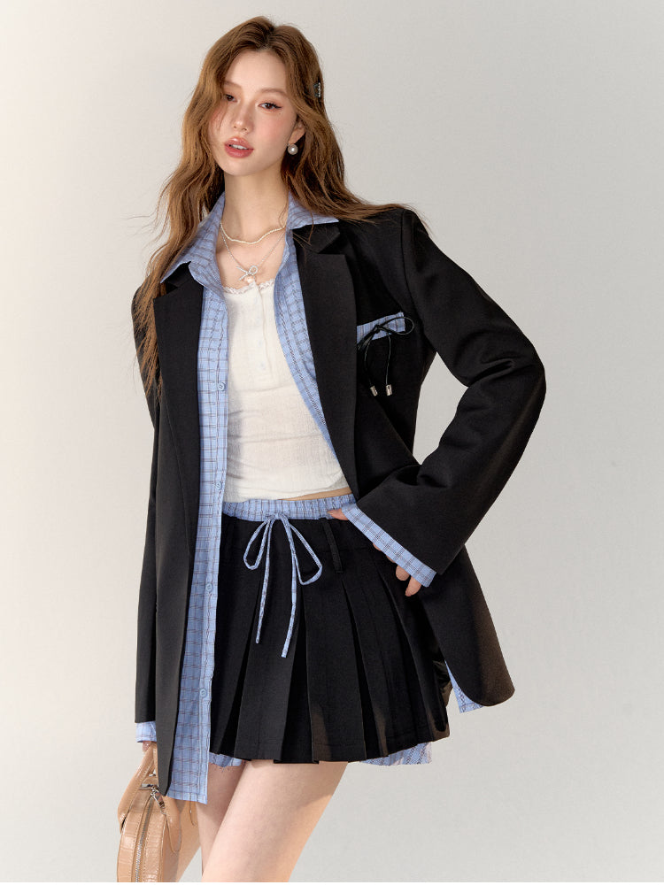 Plaid 3D Bow Faux Two-Piece Blazer