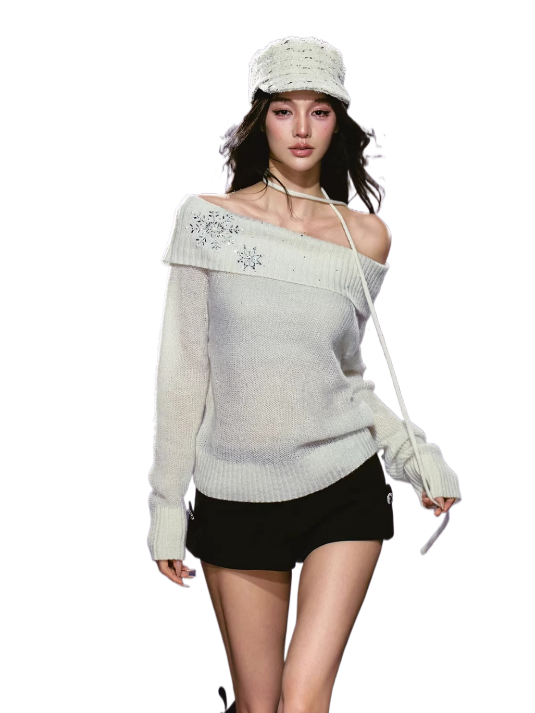 Snowflake Rhinestone Off-Shoulder Knit Sweater