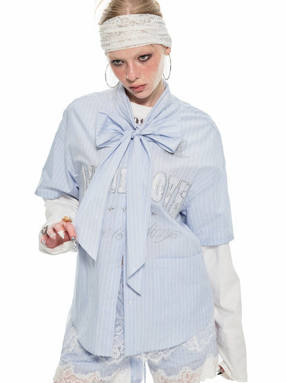 Blue &amp; White Bow-tie Embellished Shirt