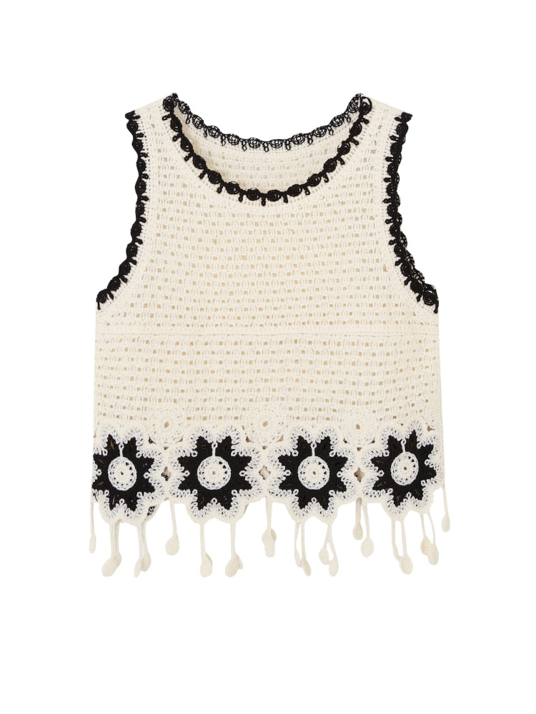 Sleeveless Fringe Flower Crochet Vest