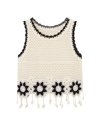 Sleeveless Fringe Flower Crochet Vest