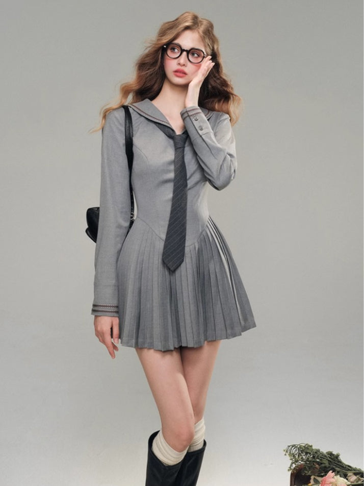 Pleated Long Sleeve Dress