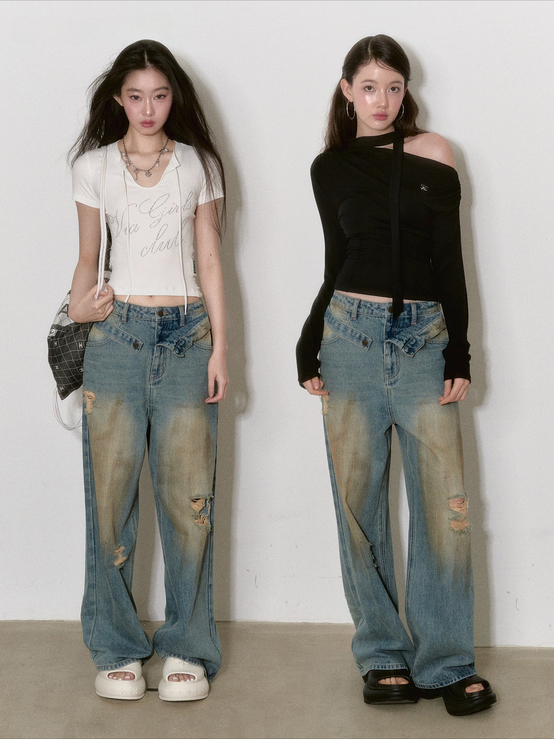 Distressed Frayed-hem Denim Straigh-Leg Pants