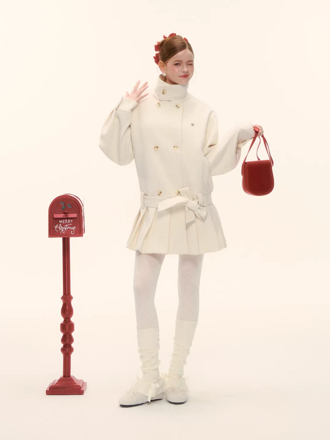 Pleated-Edge Down Wool-Blend Coat