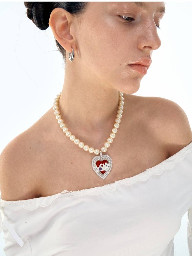 Cat Heart Enamel Pearl Necklace