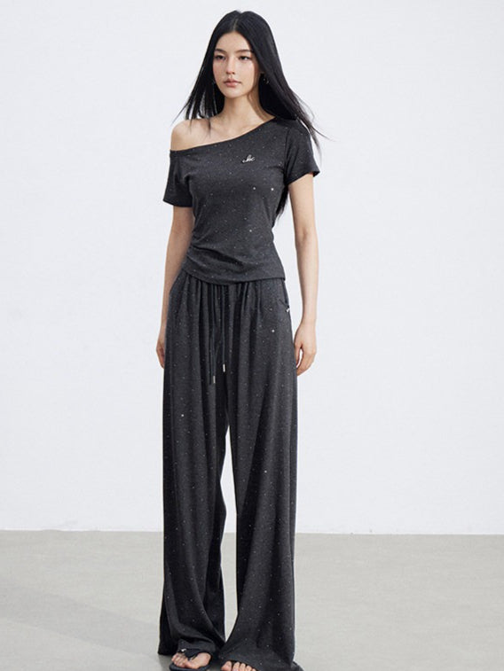 Off-Shoulder Draped Top Wide-Leg Pants Two-Piece Set