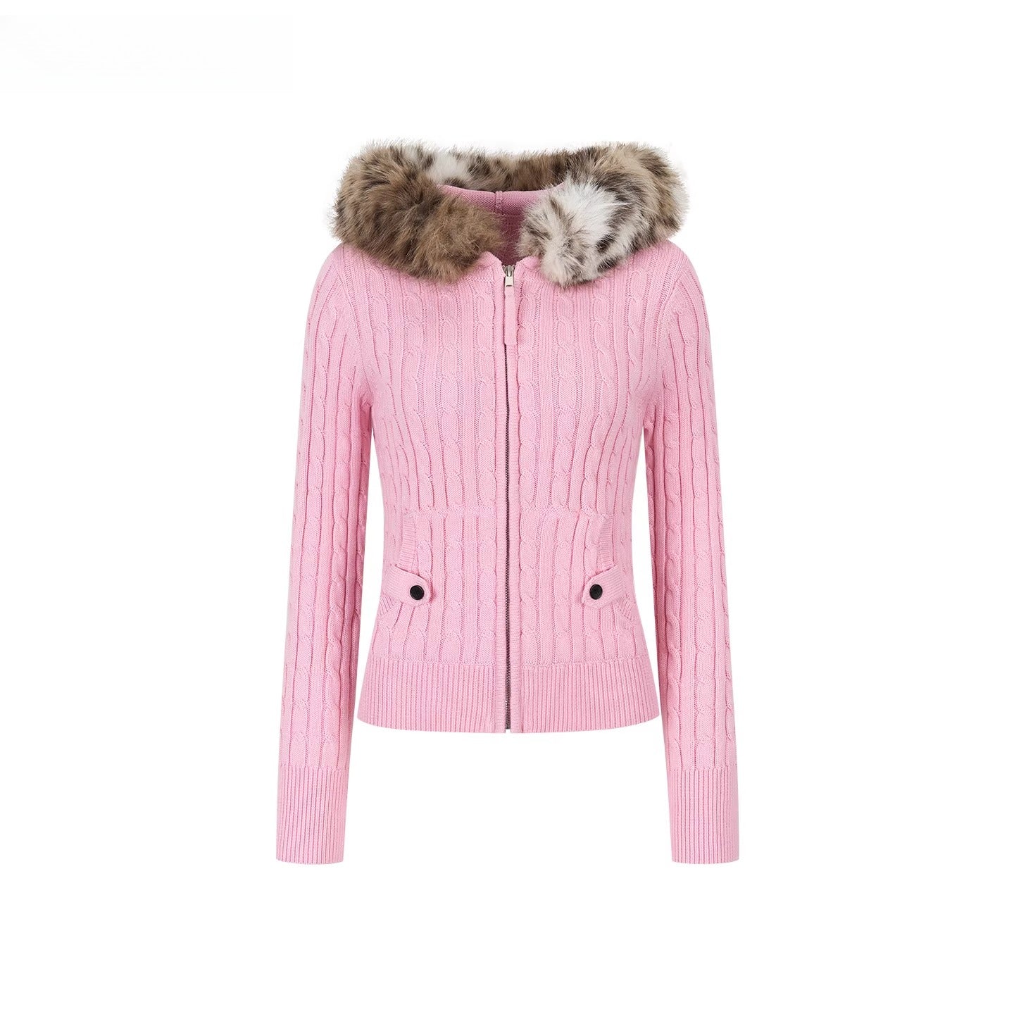 Faux-Fur Collar Cable-Knit Cardigan