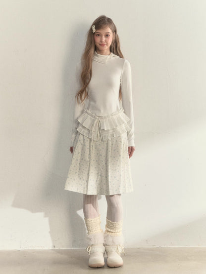 Layered Pleated Mock-Neck Knit T-Shirt