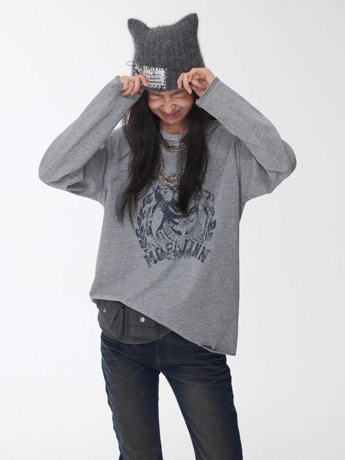 Vintage Cat &amp; Dog Print Distressed Long-Sleeve Tee - CHINASQUAD