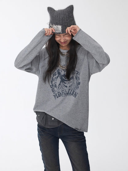 Vintage Cat &amp; Dog Print Distressed Long-Sleeve Tee - CHINASQUAD