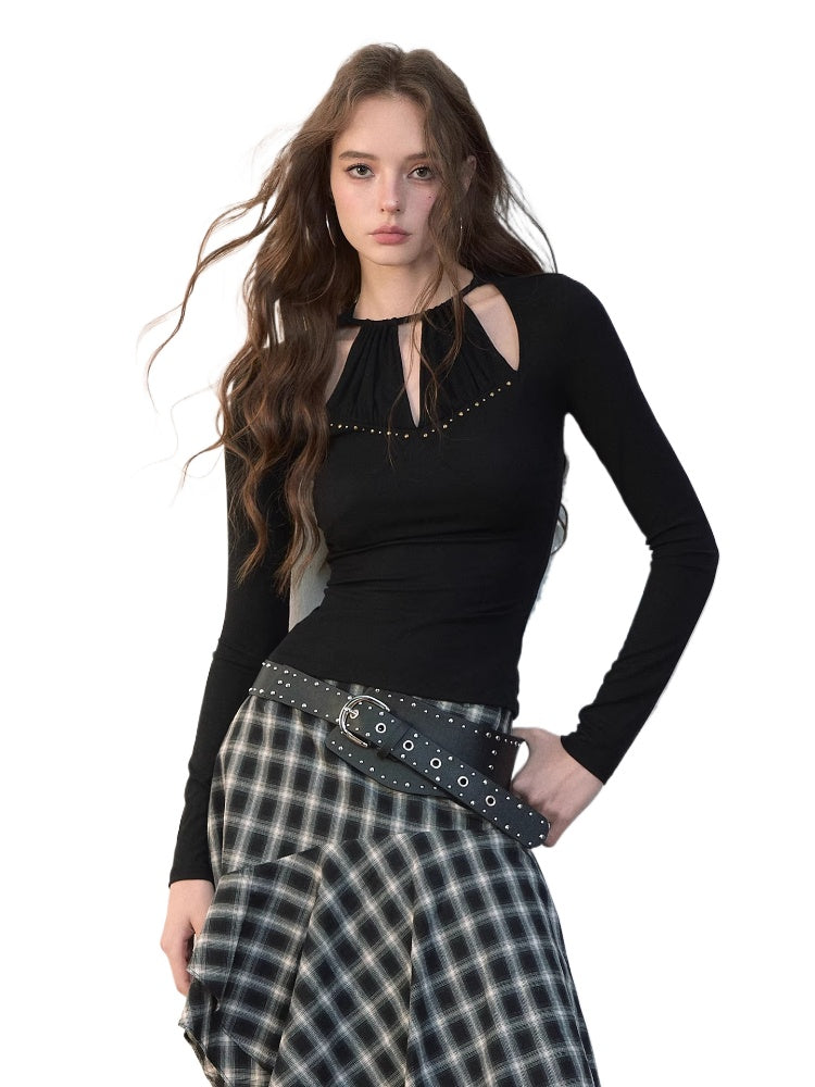 Halter Neck Openwork Rivet Long-Sleeve T-Shirt