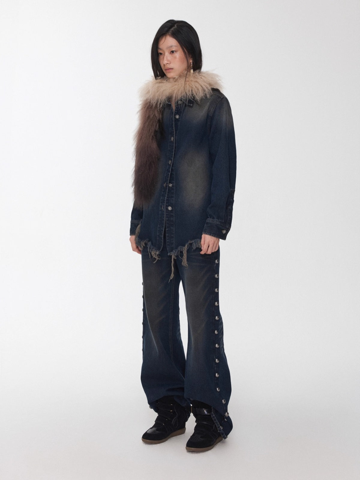 Vintage Washed Frayed Denim Fitted Shirt