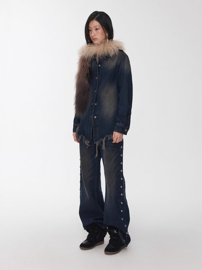 Vintage Washed Frayed Denim Fitted Shirt
