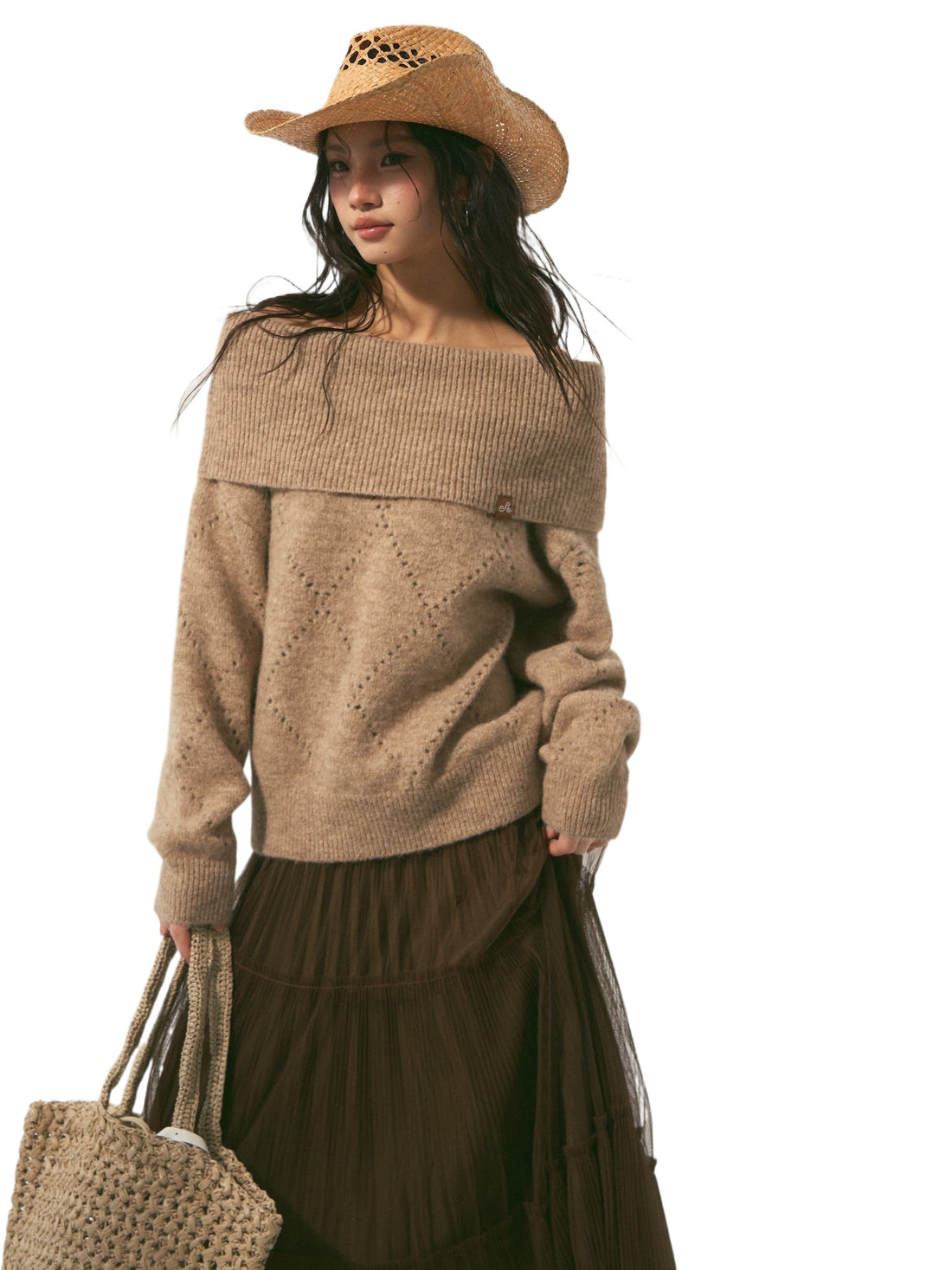 Diamond Openwork Cold-Shoulder Knit Sweater