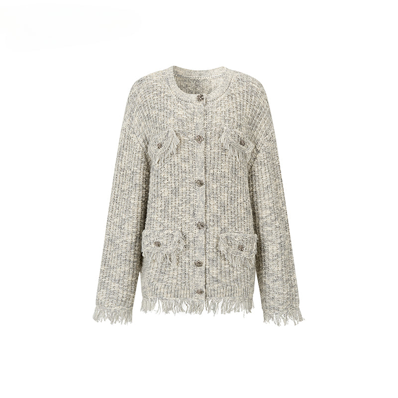 Frayed Edges Wool Mid-Length Knit Cardigan