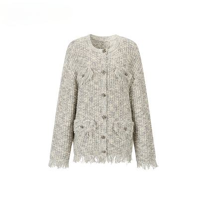 Frayed Edges Wool Mid-Length Knit Cardigan