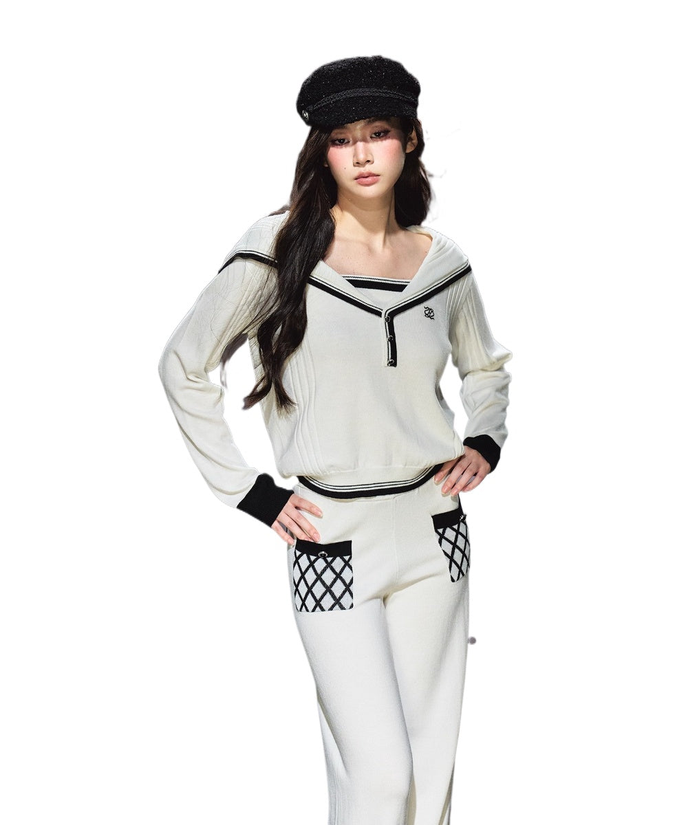 Sailor V-neck pullover &amp; Quilted Straight Pants Set