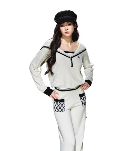 Sailor V-neck pullover &amp; Quilted Straight Pants Set