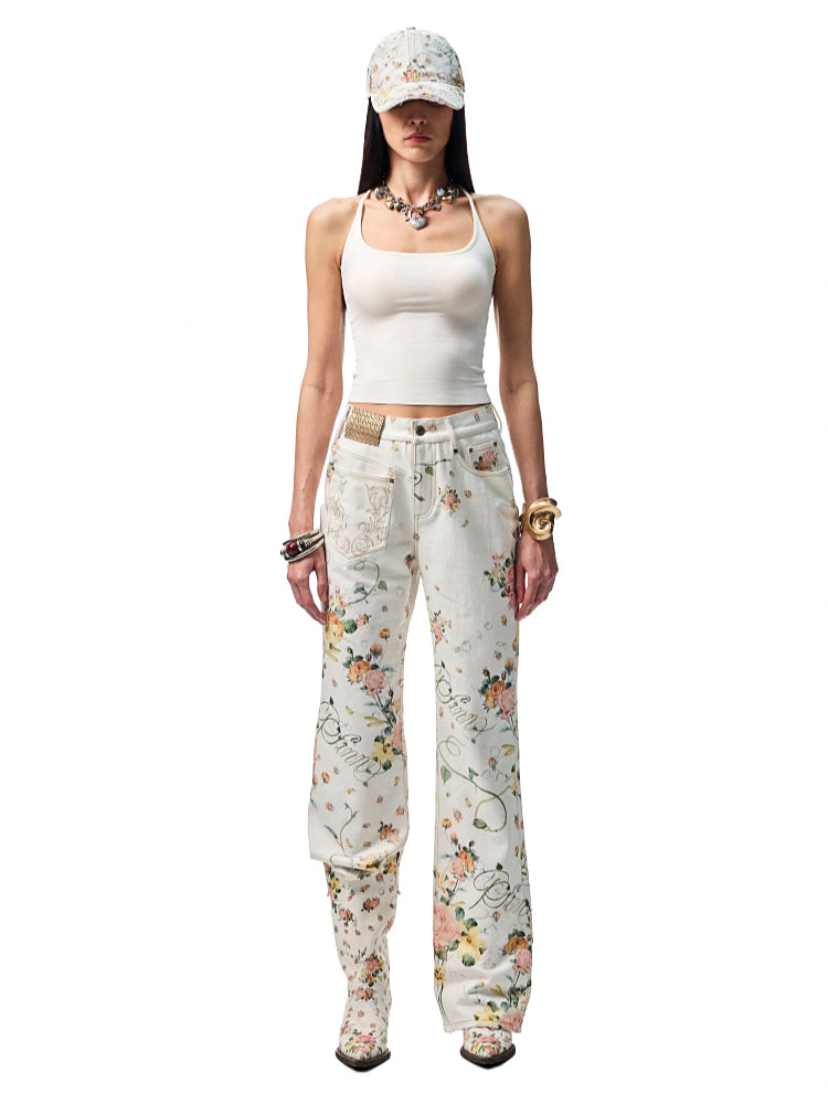 Floral Print Canvas Straight-leg Trousers