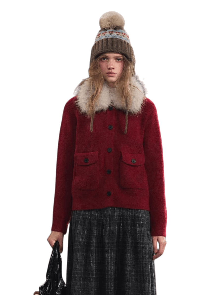 Detachable Fur Collar Ribbed Cardigan