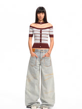 One-Shoulder Halter Neck Color-Block Striped T-shirt - CHINASQUAD