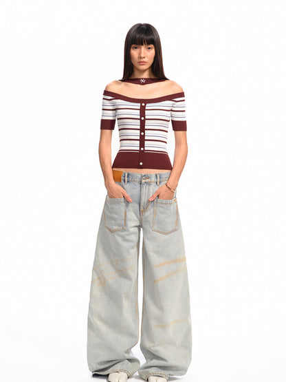 One-Shoulder Halter Neck Color-Block Striped T-shirt - CHINASQUAD