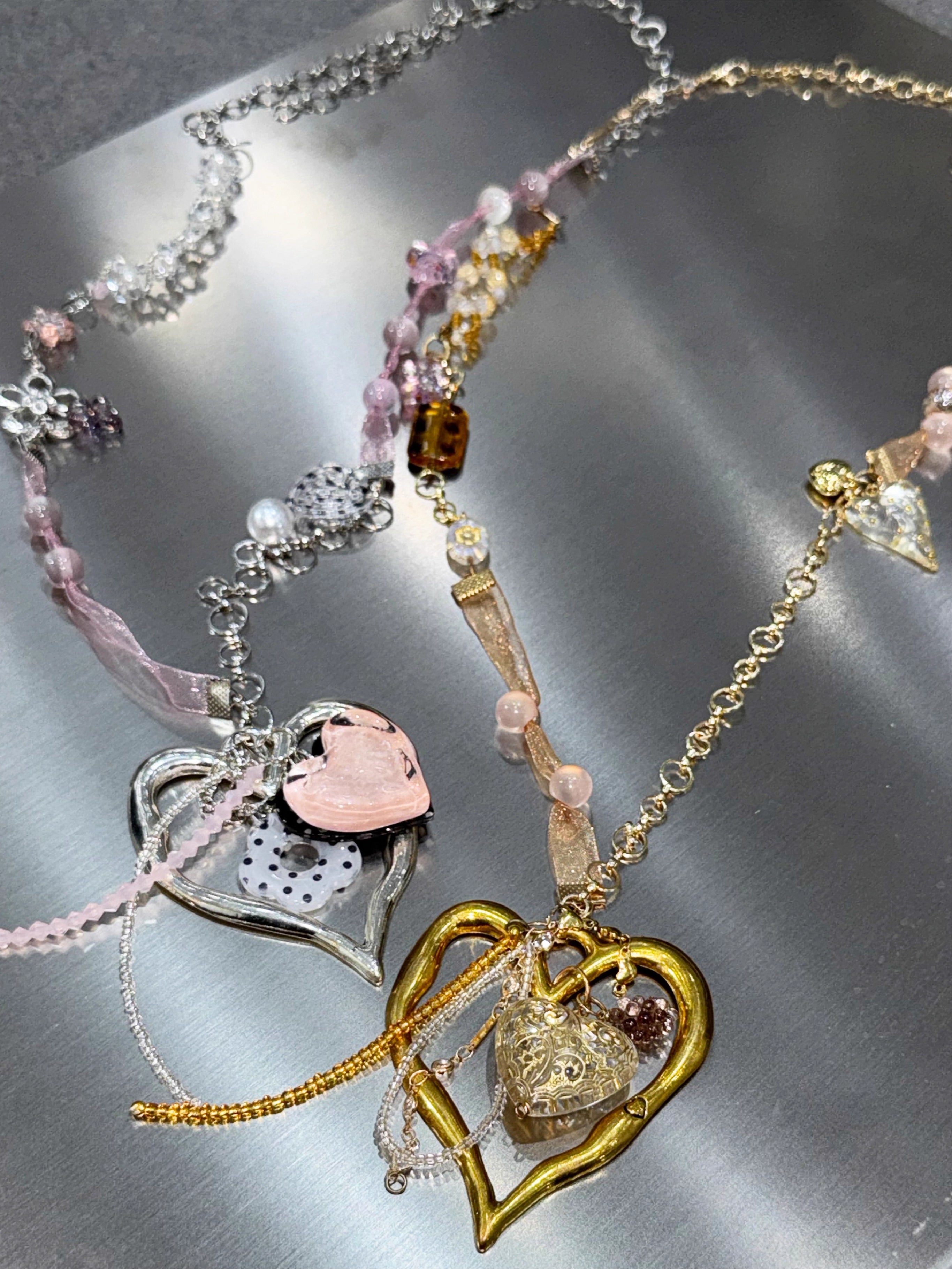Handmade Ribbon &amp; Bead Heart Charm Necklace