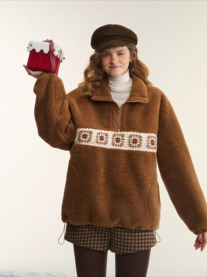 Patchwork Teddy Fleece Zip-Up Sweater