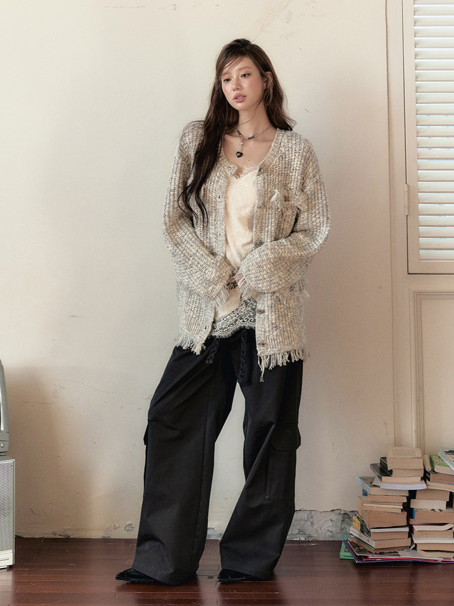 Frayed Edges Wool Mid-Length Knit Cardigan