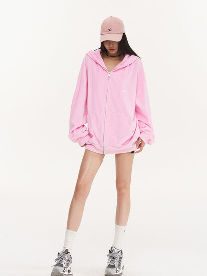 Pink Velvet Drawstring Oversized Hoodie