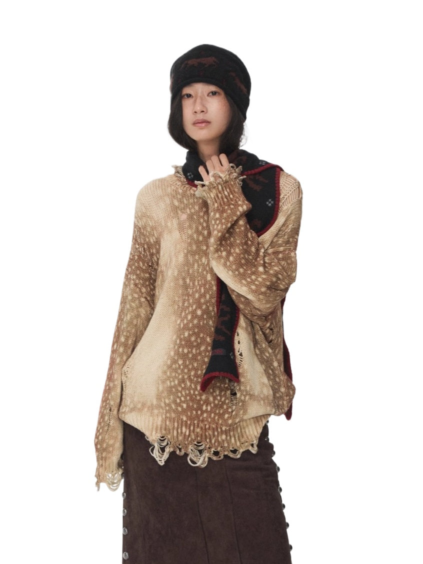 Vintage Deer Print Distressed Knit Sweater