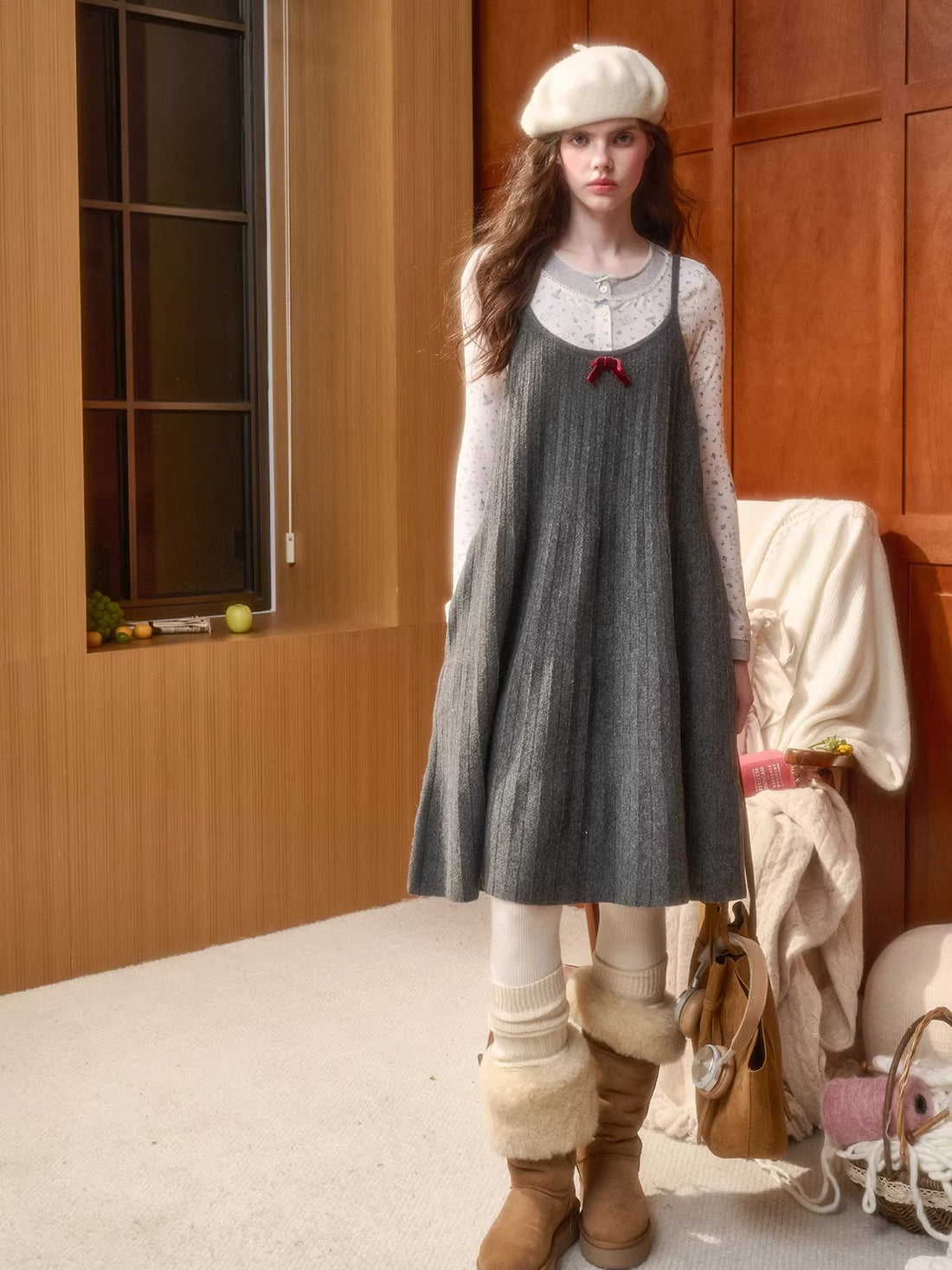 Wool Blend Pleated Knit Midi Dress