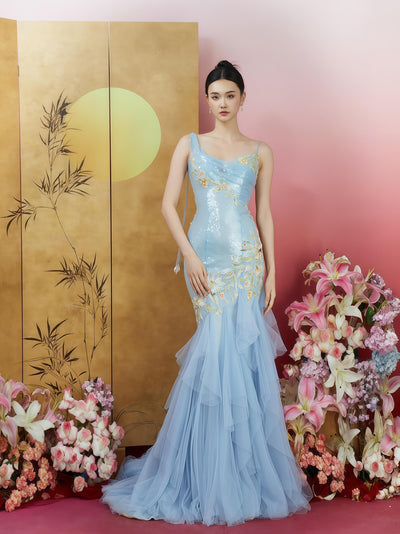 Celestial Blue Embroidered Mermaid Gown
