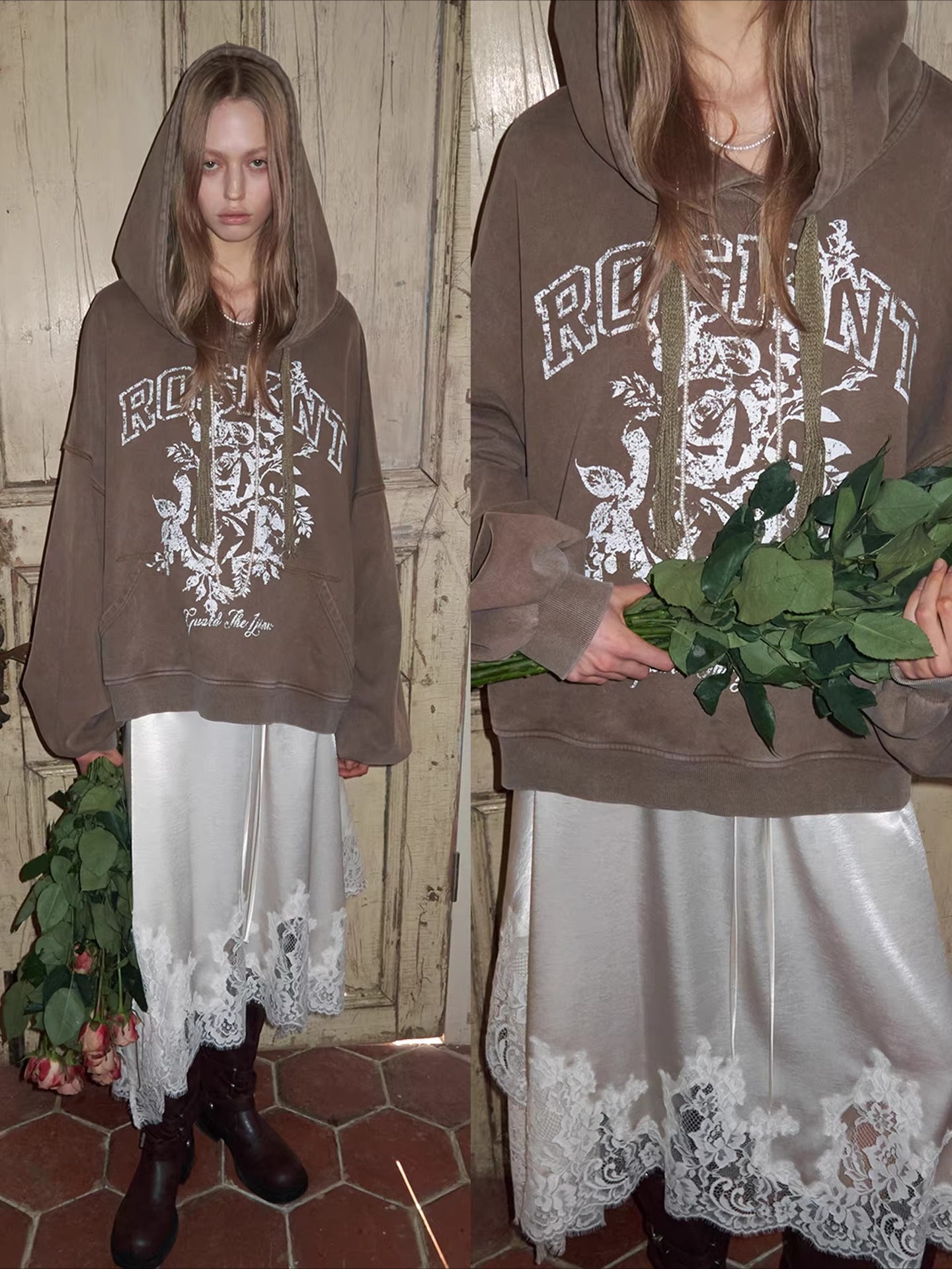 Print Slouchy Sleeve Washed Hoodie