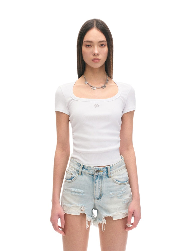 Ice Silk Ribbed Waist Cinching Round Corner T-Shirt