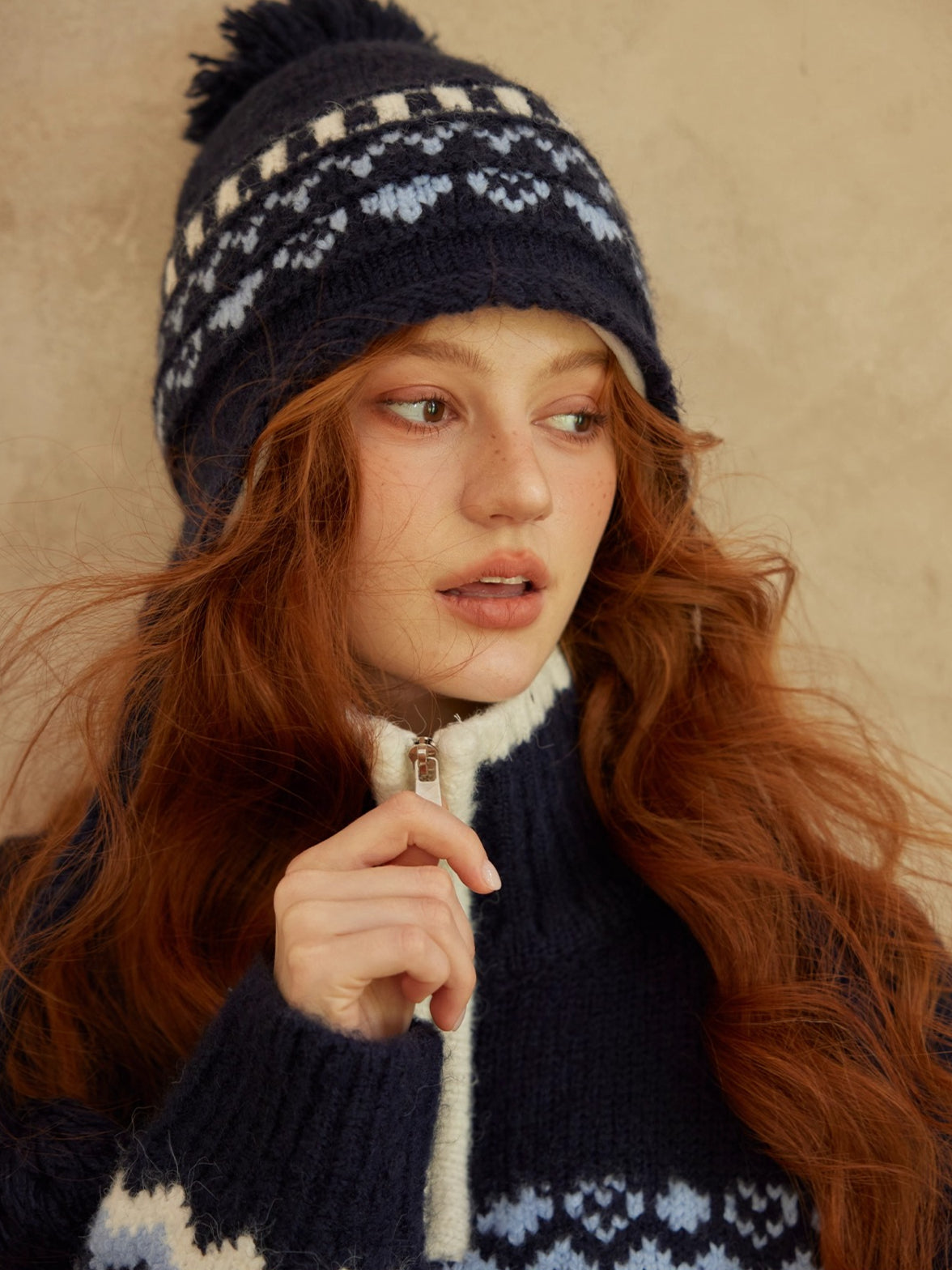 Fair Isle Heart Zip-Up Matching Hat Knit Sweater