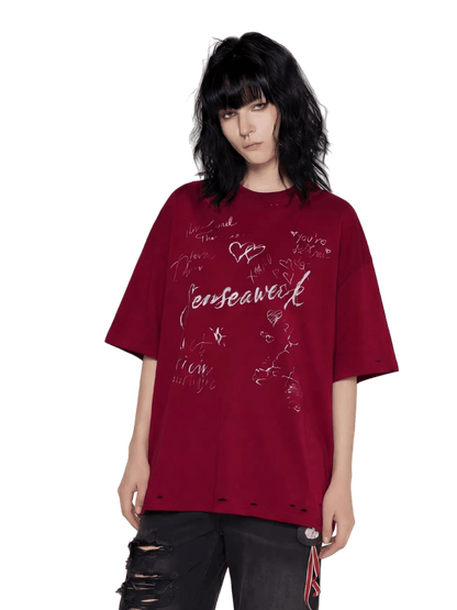 Letter Print Distressed Oversized T-Shirt