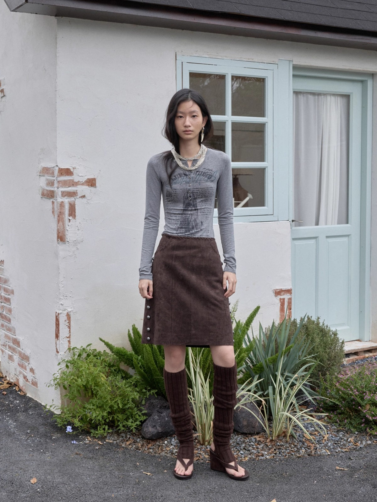 Suede Studded High-Waist Midi Skirt