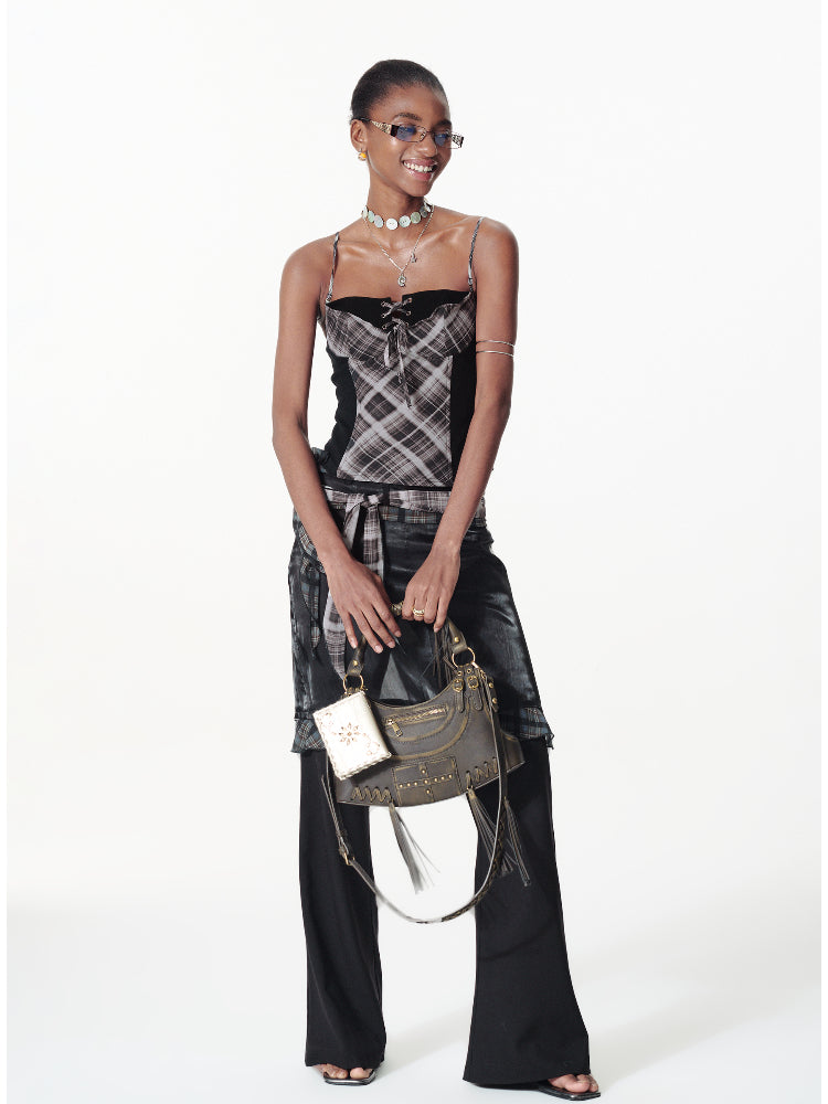 Contrast Plaid Ribbon-pieced Ruffled Skort