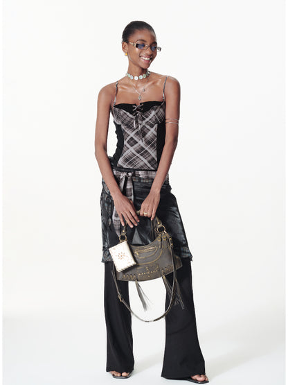 Contrast Plaid Ribbon-pieced Ruffled Skort
